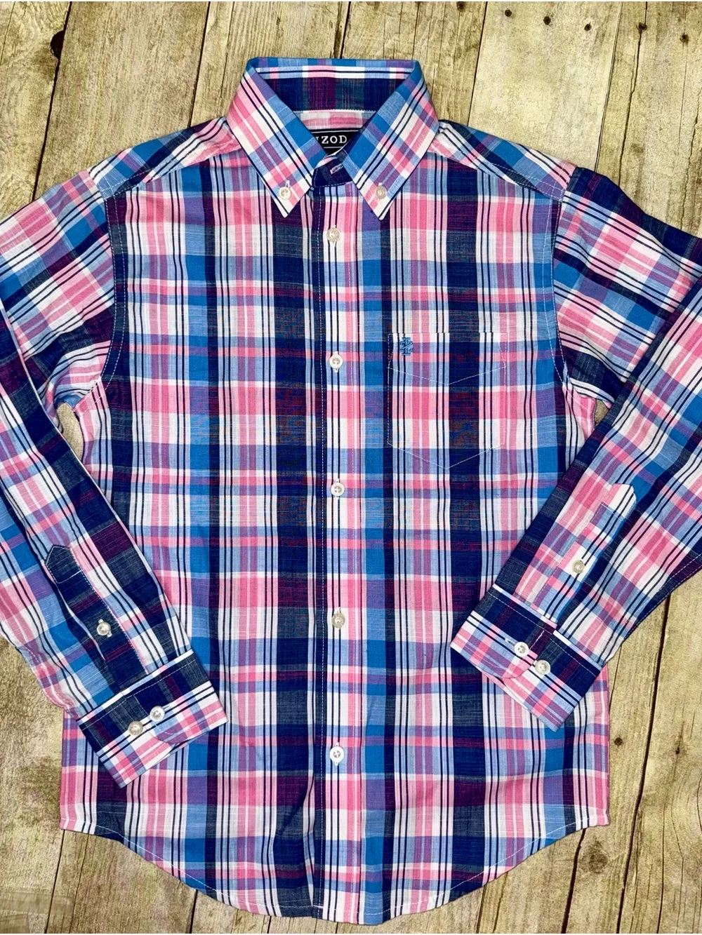 Izod Blue & Pink Plaid Long-Sleeve Button-Down Shirt
